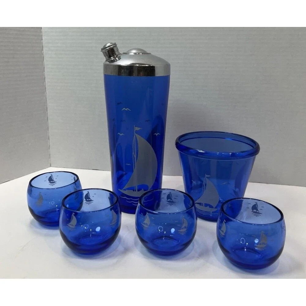 Vintage Hazel Atlas Cobalt Blue Cocktail Shaker glasses ice bucket Sailboat